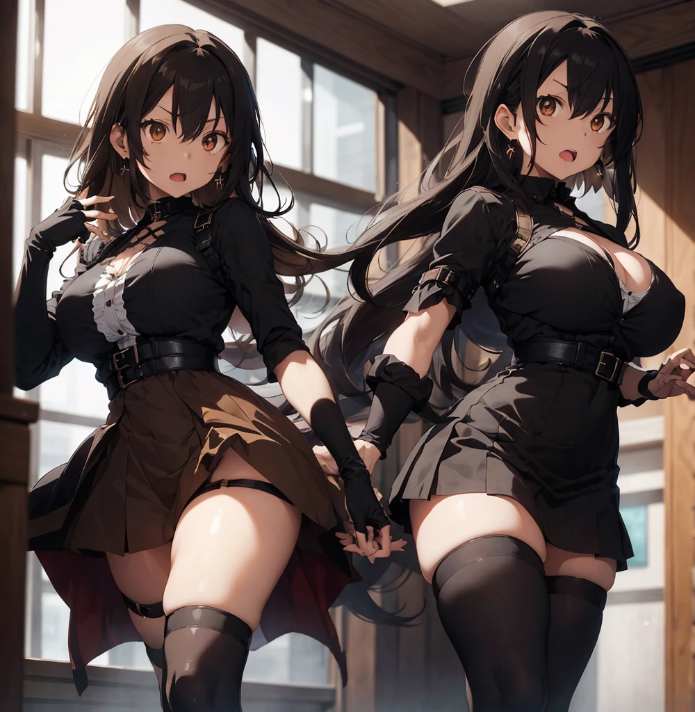 2 female, brown long messy anime hair, huge breast, thick legs, brown eyes, thick eyebrows, gothic clothes, gothic mini skirt, fingerless glove, gothic earrings, black boots, hotel room, open mouth, touching