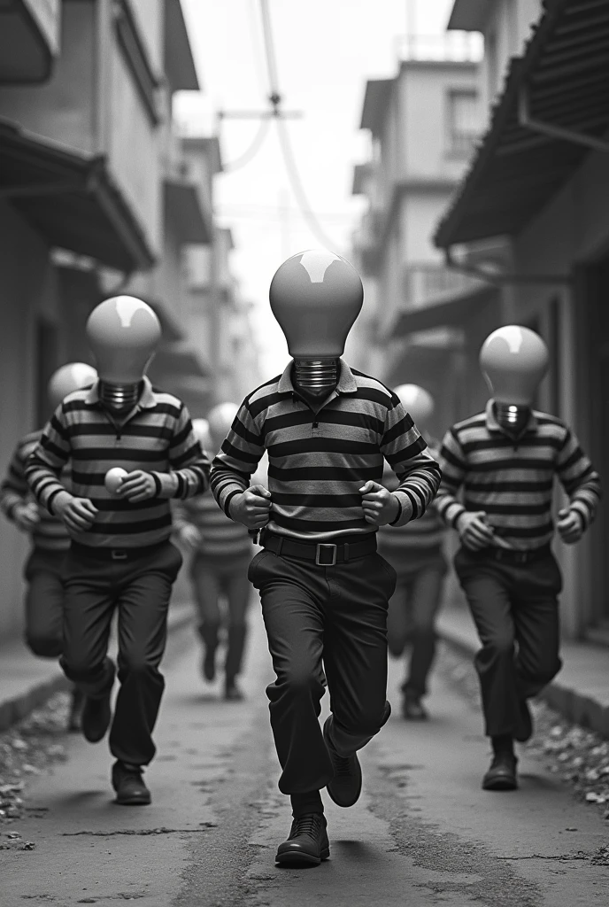 You created the last image wrong. Creates a sideways image from another perspective, remembering that it is not the prisoners who have light bulb heads, are the other people, because there are a lot of bandits escaping in black and white striped prison clothes, in the background of the images there are favelas, images of shacks, behind these prisoners there are people running after them pointing fingers at them running after them, but these people&#39;s heads are similar to those old yellow, oval-shaped lamps that were used in houses in the past. People are holding a bunch of light bulbs in their hand, These people are wearing police clothes, remembering that the prisoners have the heads of normal humans, The image must show both the prisoners running and the people running after them.