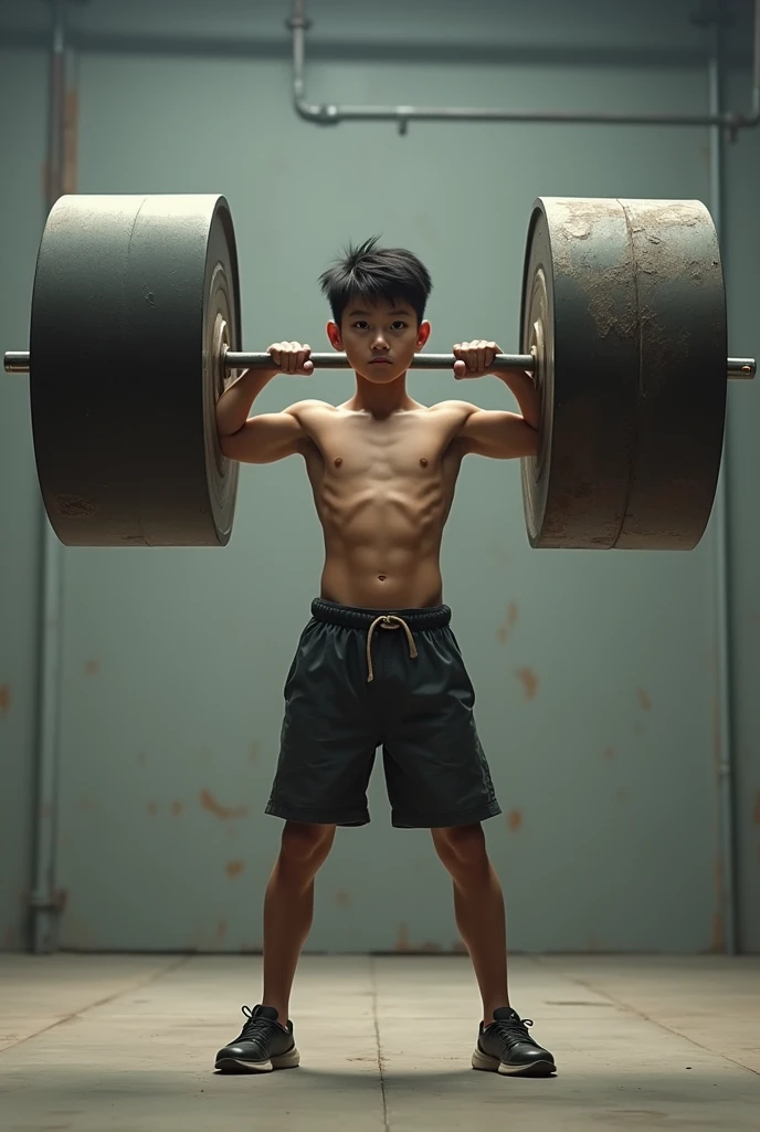 Asian boy lifting heavy objects