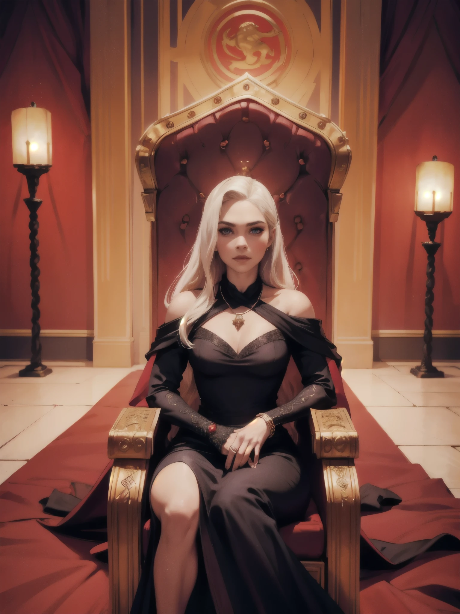 Danaerys Targaryen, red, on the throne, black dress, dragon throne room, powerful, queenly gown, jenna coleman, [purple eyes], tricia helfer, barbara palvin, lindsay ellingson, (black iron necklace), (iron bangle, iron crown)
