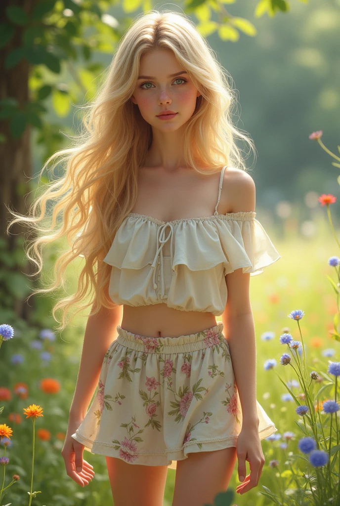 Blonde girl with floral miniskirt and white blouse (((((real life image)))))