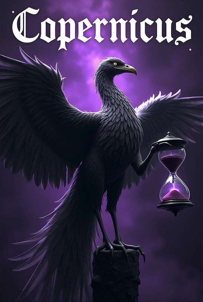 Just purple background with a black and white phoenix , holding an hourglass, written above "Copernicus" written in larger white with a black outline on top with star details 
