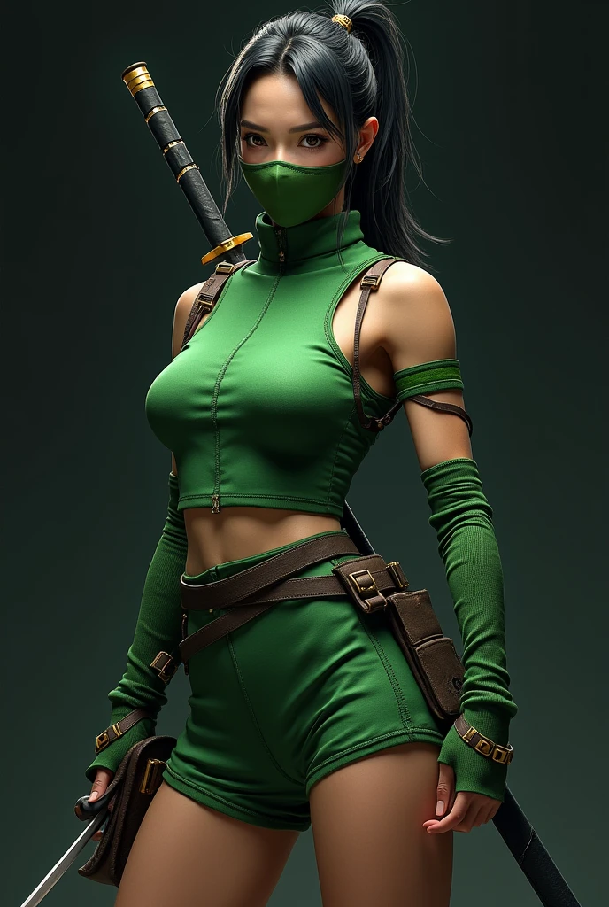 female character with short green clothes with a very beautiful body and defined muscles, hair tied up and carrying her ninja weapons while wearing a persona mask over her eyes
