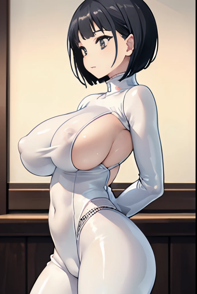 nsfw:1.2,Optimal,masterpiece,High resolution,Highest quality,Hyper HD,Very detailed,Award-winning,16K,alone,(Cowboy Shot)、Cute Face,,Black Hair、Bobcut、 Hairline,((Scarlet Eyes)),Long eyelashes,Drooping eye corners,Are standing、Spread your legs、Thin legs、White skin,((Shooting from the side)), ((Wearing a tight white latex suit:1.5)), ((Transparent nipples))、rocket , ((Big Breasts:1.5)),