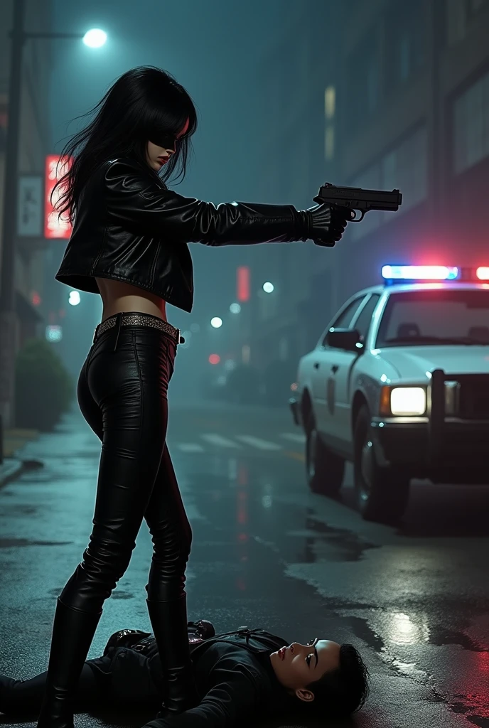 young asia girl, skinny, black hair, black leather jacket, black leather low rise pants, black leather belt, black leather overknee boots, black leather gloves, aims a gun at a police officer, face mask, street by night, one police officers dead on street, police car in background