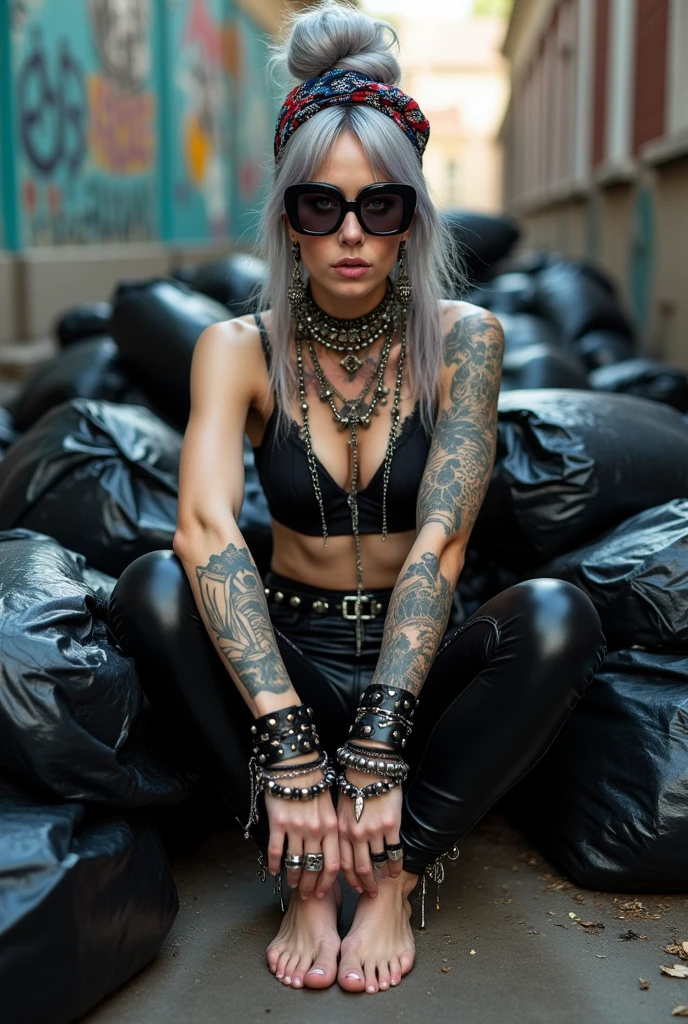 russian milf woman,  grey hair (bouffant, top bun) and oversized square sunglasses and wide  colourful bandana as headband, with very light green eyes, extremely pale. Big lips.  Black lace push up bra, silicone breast,, tight skinny  black low rise leather jeans. Barefoot. Lots of thick wide studded bracelets, chain necklaces and big rings,. Two loose studded belts. Long earrings with chains and feathers. Sitting on a pile of huge black plastic bags, sinking in them, separated legs, forearms on knees. Neck, chest, stomach and wrists heavily tattoed.  Toned abdominals, thin neck, slim legs and thin arms. Narrow hips. Full body. At a dead end street with graffitied walls, ground littered with waste . Some nuns in the backgroung get close. Full body, seen from above 