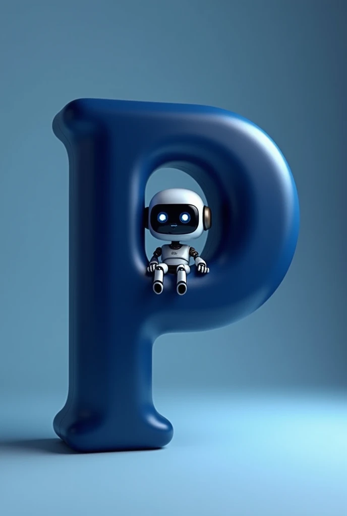 Make a letter "p" Dark blue with shadow, fashion and there is a chatbot in the middle of the p, Realistic mode
