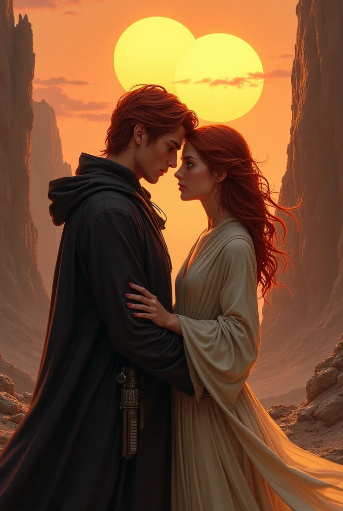 Red haired Jedi in love with black haired bounty hunter girl