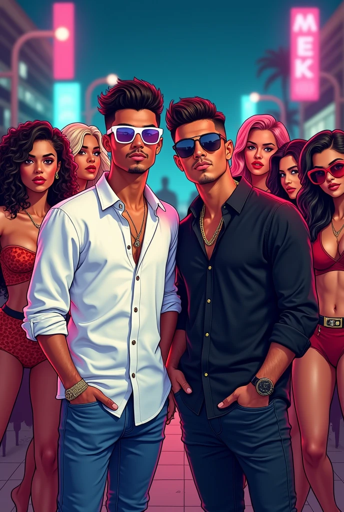 At night, 2 reggaeton singers with beautiful women and one of the singers with a white shirt and another black one with white skin, both of them and having good style, it's a type of cover image for a reggaeton song that looks like cartoons.