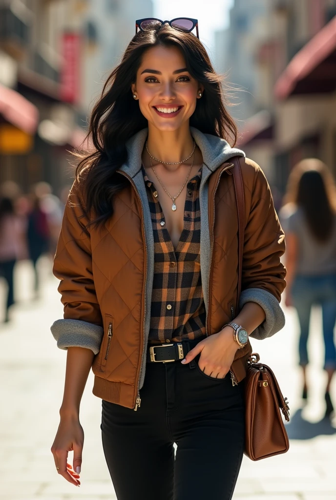 Full body beautiful white skin latin woman, 5'7" tall, medium black hair, deep green eyes, wearing zip up brown quilted down nylon jacket with golden buttons, zip up gray hoodie jacket under nylon jacket, black bell bottom pants, rolled up sleeves, zipping up jacket, up collar, cleavage, plaid formal button down blouse, happy smile, walking on shopping center, high hill sandals, summer sunny day, bag, sun glasses over head, watch and bracelet, neck chain, ear rings