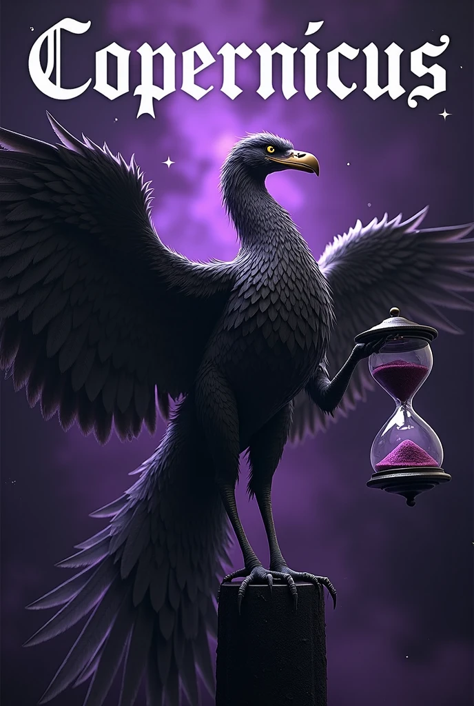 Just purple background with a black and white phoenix , holding an hourglass, written above "Copernicus" written in larger white with a black outline on top with star details