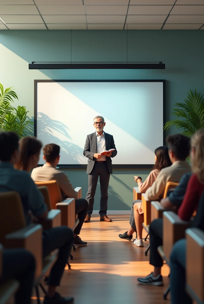 A classroom of young people sitting in modern armchairs an older teacher with a drool . glasses with a book in his hand reading, decorative plants and a digital whiteboard.
