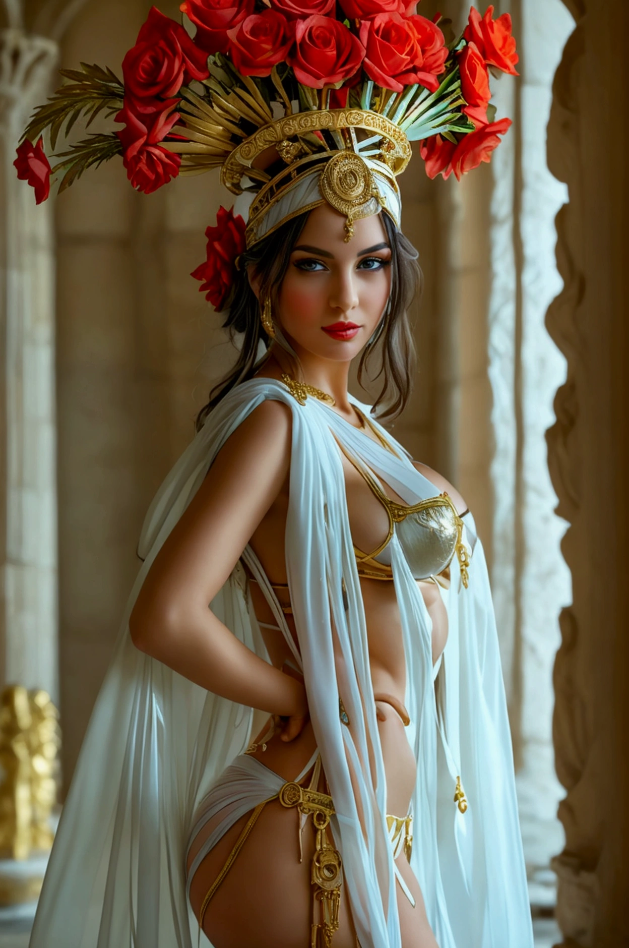 Imagine the photograph of a beautiful and sensual woman with her costume inspired by a very sensual Greek goddess in the main room of a Greek palace. , with her transparent outfit showing her very detailed and perfect body