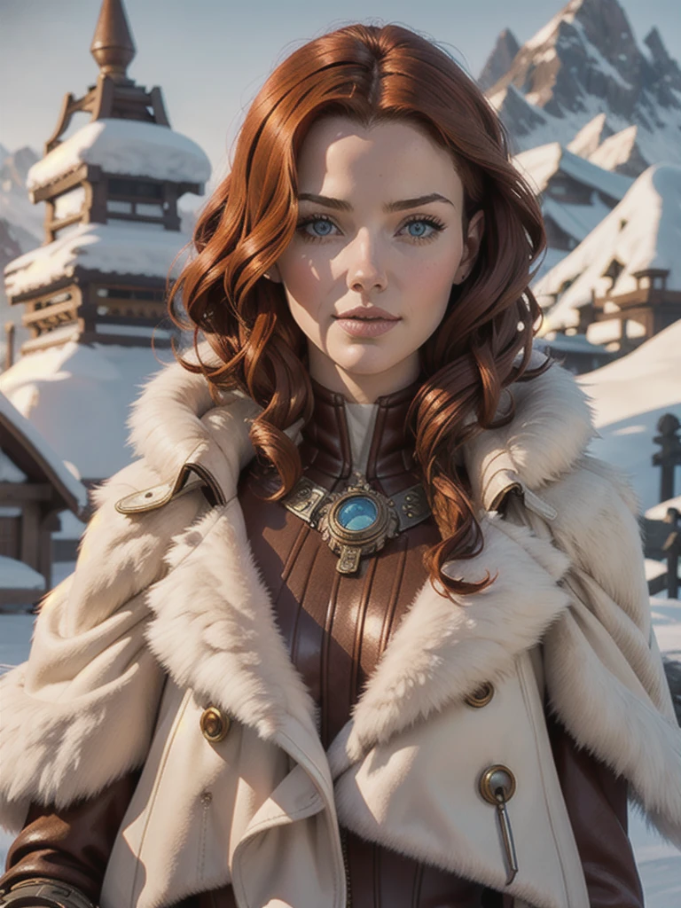 steampunk woman, short curly red hair, ivory fur coat, detailed face, early morning, snowy mountains, depth of field, blurry background, [[Sansa Stark]],[[Erin Heatherton]],[[Kate Beckinsale]]
