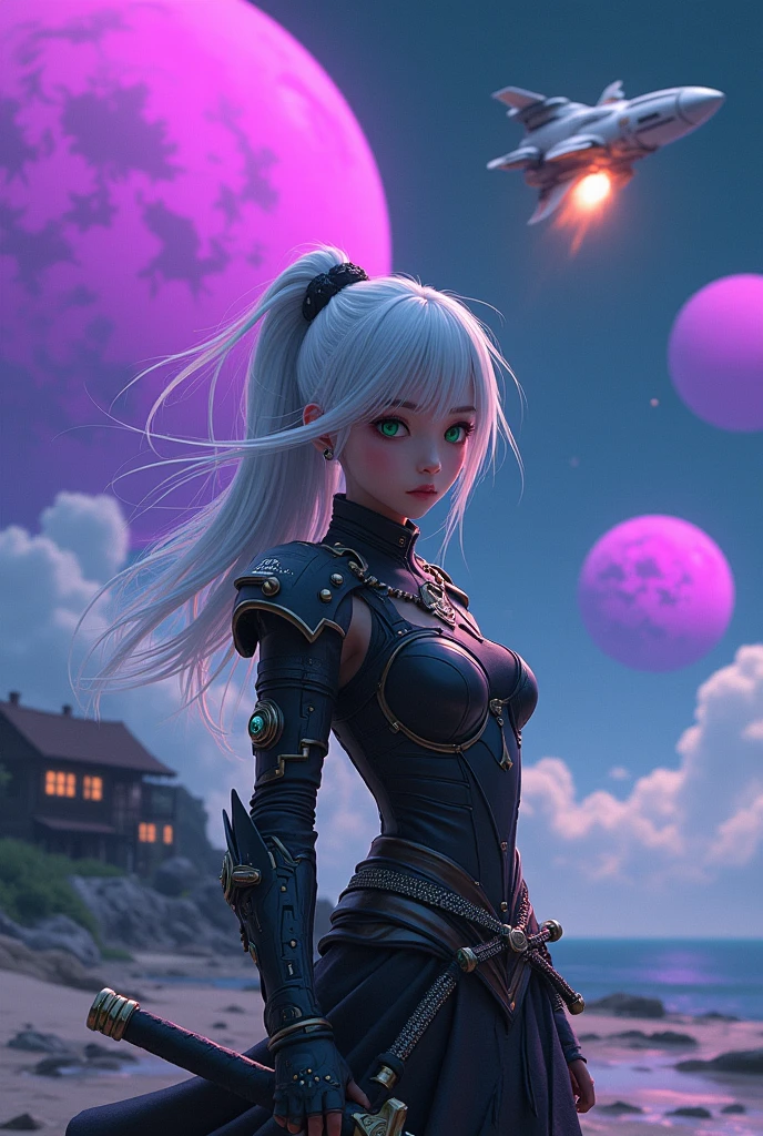 (photorealism:1.2), three purple planets, Explosion in the sky, asian Girl with white hair in cyberpunk armor with Green eyes and Samurai sword, sea and house, dark Blue sky, white spaceship drop bomb