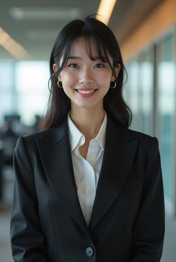 A very beautiful woman、((best quality、Masterpiece 8,000 pieces:1.3))、Sharp focus:1.2、(An exceptionally beautiful face:1.0)、(Oily skin:1.0)、photorealistic photo、have dark hair、Video light、High definition eyes and face、Japanese idol stars、from the front、Medium bust、smile、Beautiful figure, slim stomach、whole body、wear a suit、wearing a shirt、in the office