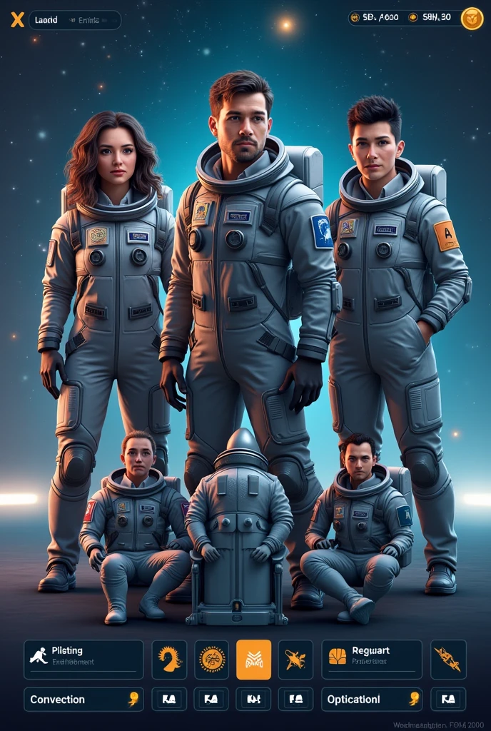 Astronauts character selection screen with description and abilities, skills portrait game UI
