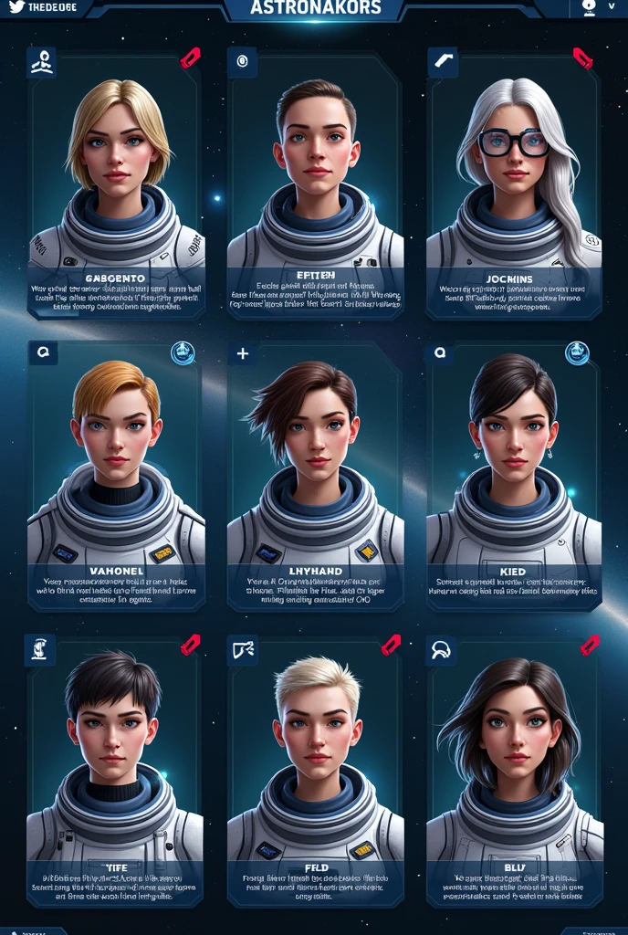 Astronauts character selection screen with description and abilities, skills portrait game UI