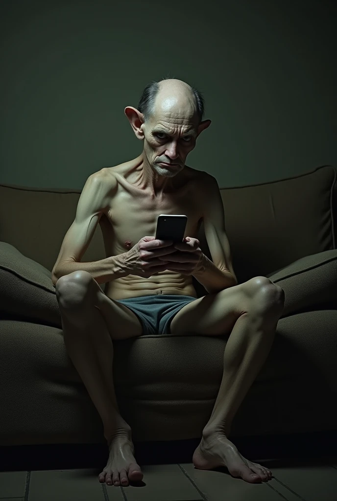 NOW A VERY THIN AND UGLY MAN SITTING ON THE SOFA TRYING ON HIS CELL PHONE 