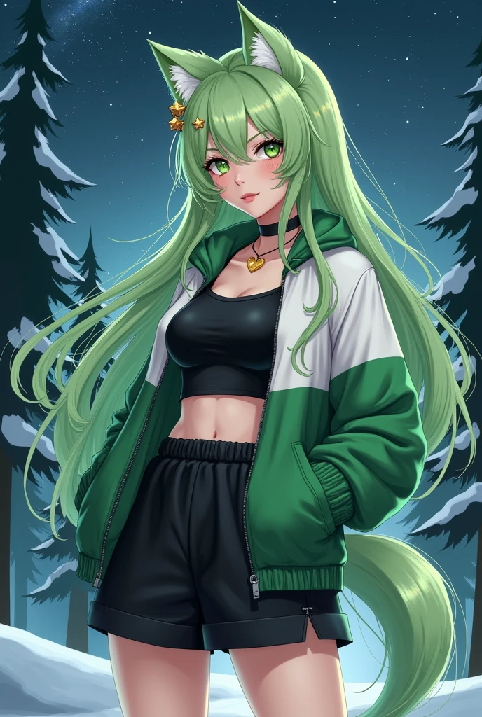 1girl, masterpiece, 8k, ultra high resolution, realistic shadows, realistic lighting, perfect quality, dynamic angle Long light green hair, black hairclips, hair moving in the wind, small golden ear decoration, green big fluffy wolf ears, green fluff in the wolf ears Perfect face, green eyes, detailed eyes, perfect eyes, long black eyelashes, smiling, perfect small nose, blushing, cute facial expression, green star tattoos on cheek, White and green short jacket, opened jacked, black cropped shirt, loose cropped cloth shirt, choker, choker with heart ring, large boobas, underboobs, underboobs visible, big loose black shorts, big thighs, big butt, big winter boots, showing side and looking at viewer Background, Night time, no moon, pine trees, snow, Stars, milky way