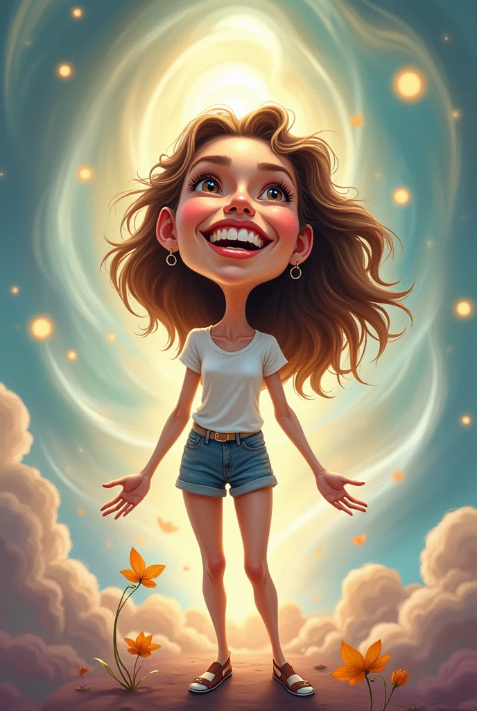 Make a caricature with the theme of a woman discovering all the potential she carries within her heart
