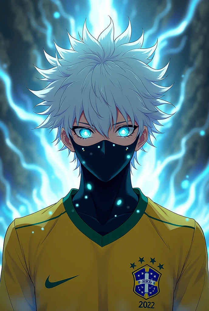 Male anime-type character with white hair with pointed polka dots coming out of rock lights from his eye with a black mask with a yellow Brazil team shirt from the 2022 World Cup