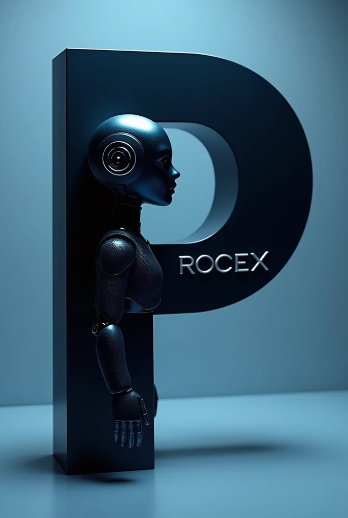 Make a letter "p" Dark blue with shadow, fashion and there is a chatbot in the middle of the p, Realistic mode, increase the word rocex