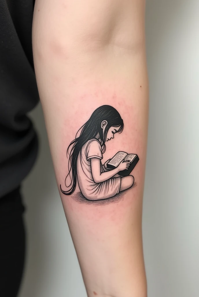 **Description détaillée pour le tatouage :**
- **Silhouette** : Une seule enfant, une fille avec des cheveux longs, assise en train de lire un livre. Ses cheveux tombent délicatement sur ses épaules, représentés par des lignes douces et naturelles.
- **Style** : Minimaliste, utilisant des lignes fines pour les contours de la silhouette. Aucune zone remplie de noir, pour un effet léger et épuré. Le dessin reste discret tout en étant expressif.
- **Taille** : Conçu pour l'avant-bras, le tatouage est de taille modérée, suffisamment petit pour rester discret mais avec assez de détails pour être significatif.
- **Couleurs** : Le tatouage est uniquement en noir, sans couleurs vives ni ombrages lourds. Le dessin reste sobre, avec une approche minimaliste.