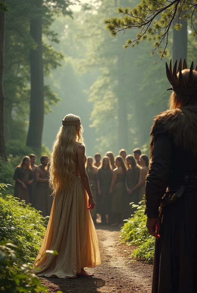 A blonde woman with golden threads, 20 year, dressed in Sansa Stark style, wearing a crown of bones. She is on a trail in the forest with her servants, in front of you is a strong man, high 1.80 meters, Jhon snow style, shorth hair, he wears a wooden crown, on your side strong young men your warriors.

SHE IS WELCOMING THEM INTO HER PACK