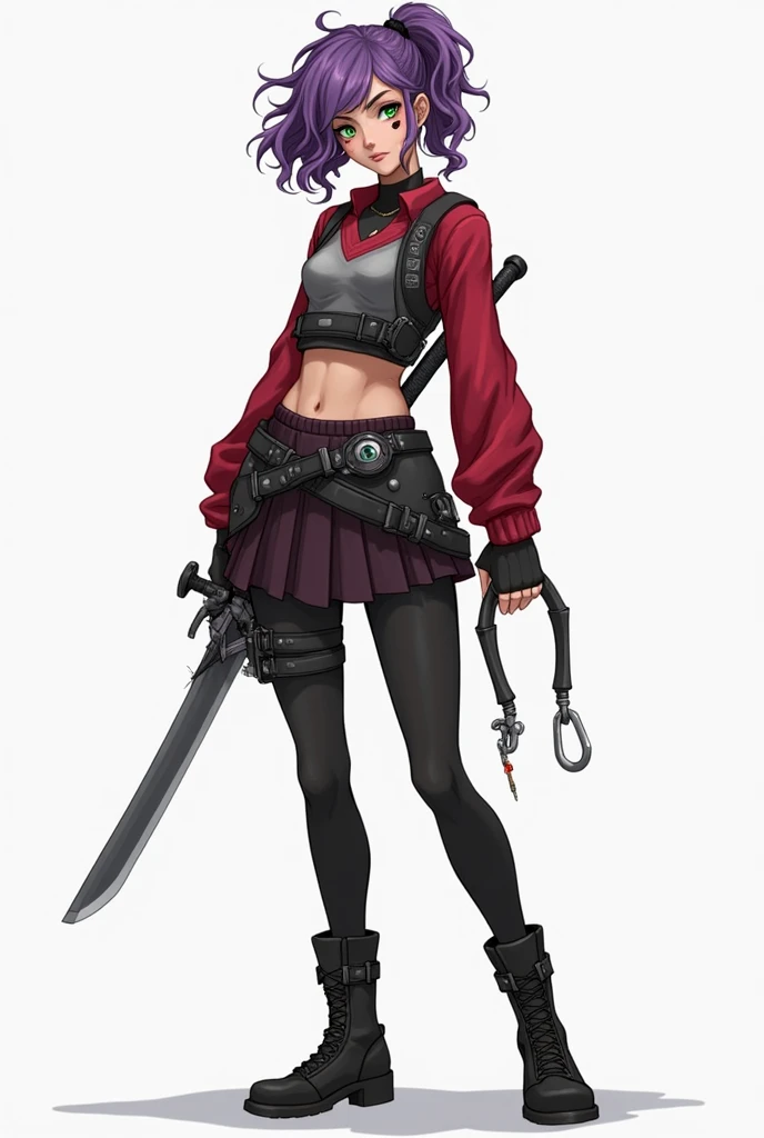 I want an image with the following characteristics.
Girl with somewhat curly purple hair that reaches her shoulders with some of her hair tied in a ponytail, a small vest that reaches his ribs, below that a long-sleeved red sweater, tight skirt in the area of her legs black tights, long boots that reach 5 centimeters below his knees and a bionic eye in his left eye and his right eye of green color hook weapons on his right leg and on his left rib, a sword on his back and I want it full body please