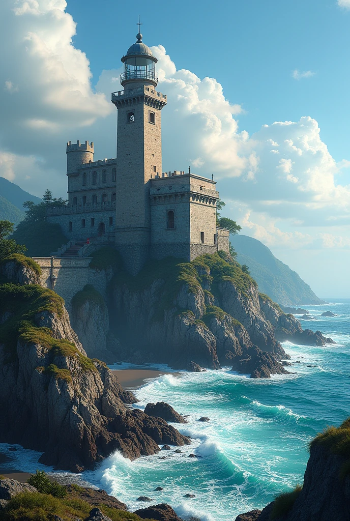the big one Westport is a fortress built on the seashore, with towers that resemble lighthouses. The construction is simple but functional, overlooking the vast ocean.