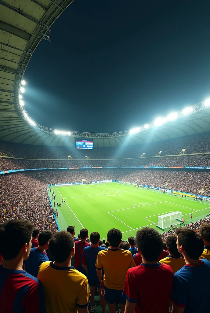 Create a realistic image of a 1990s football stadium, time when Ronaldo Fenômeno was at the peak of his career. The stadium must be big, with stands packed with fans wearing classic football team shirts, like Barcelona, Inter Milan and Brazil. The stands are made of concrete and do not have many individual seats., reflecting the architecture of the stadiums of the time. The lawn is green and well maintained, with clear white markings. The field is lit by powerful floodlights, giving the air of a big night event. Ao fundo, you can see an advertising board with famous brands from the 90s, like Pepsi or Coca-Cola. The atmosphere must convey the energy and enthusiasm of an important match, with flags, banners and fans celebrating in the stands.