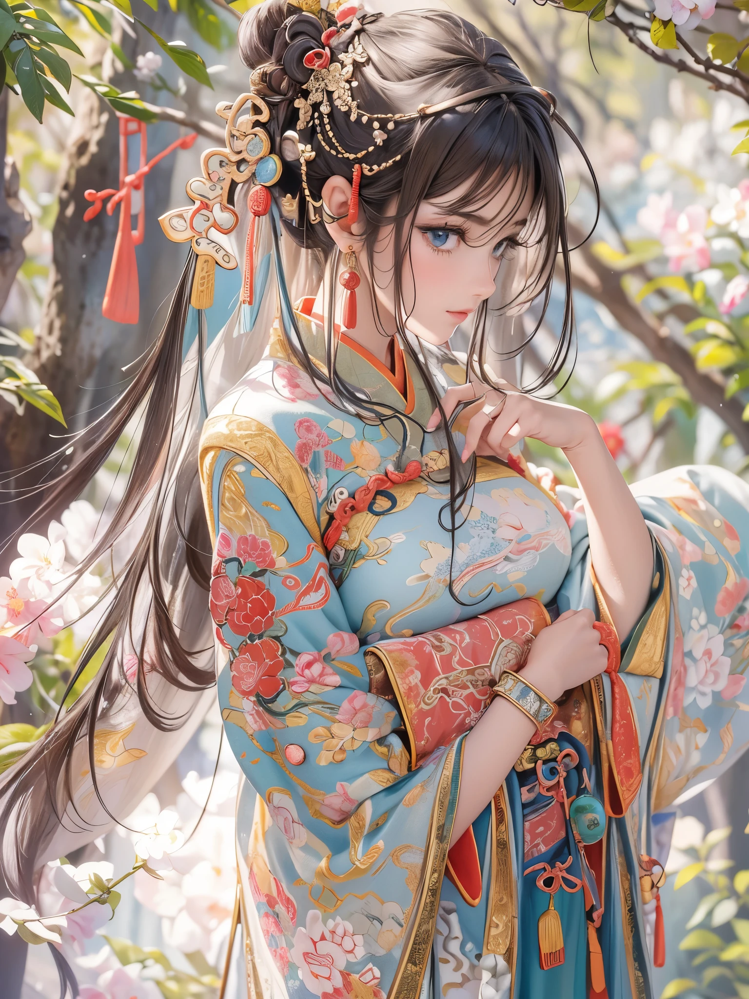 ((Highest quality)),(Ultra-high resolution),(Super detailed),(Detailed Description),((The best CG)),(masterpiece),Highly detailed art,(Art with precise detail:1.5), (Paintings inspired by ancient China:1.6), (Standing Woman:1.5, Beautiful and well-proportioned face:1.3, light makeup),(China dress:1.4, Embroidery inspired by nature:1.3), stream,breeze,Sunlight filtering through the trees
