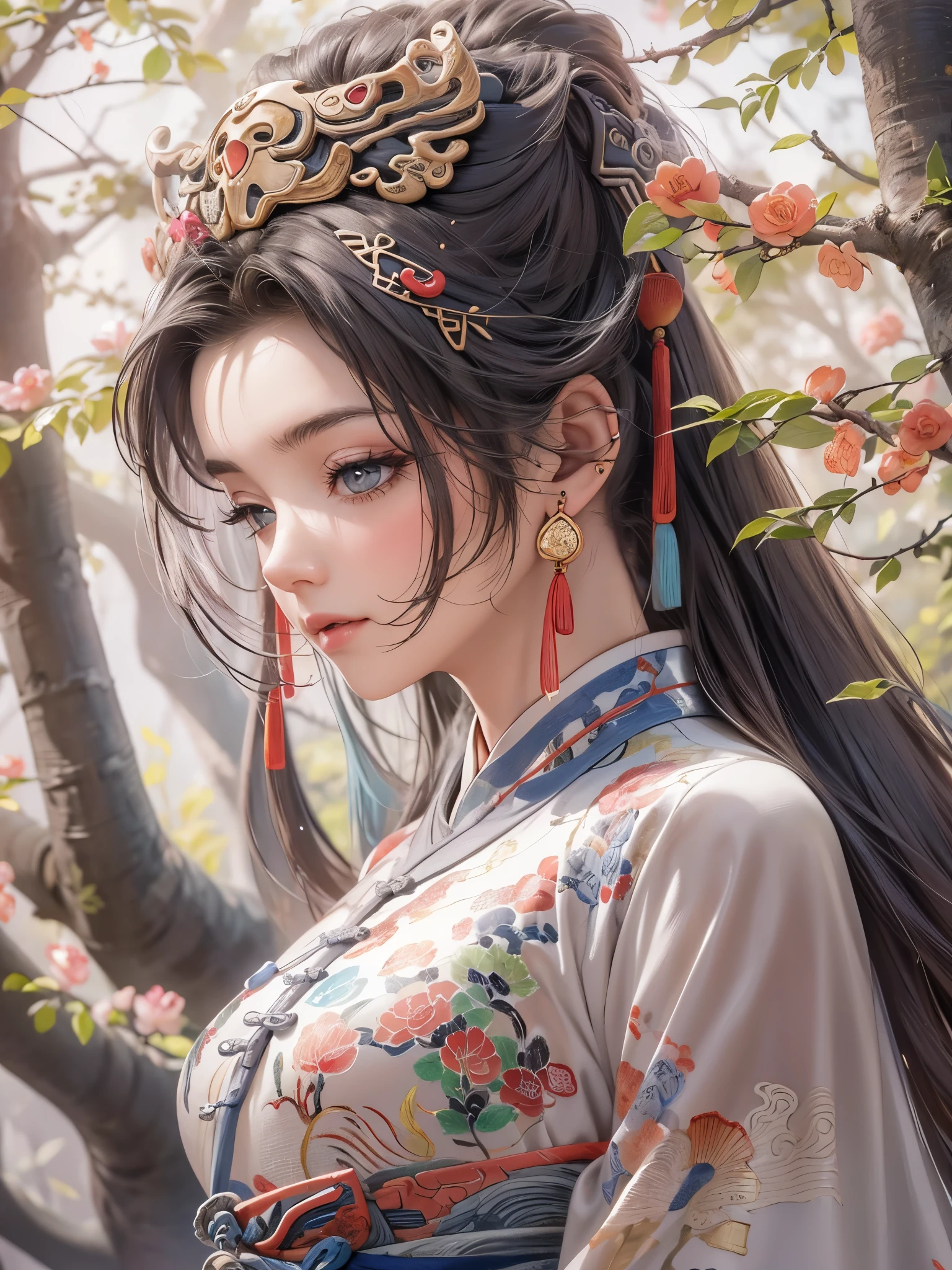 ((Highest quality)),(Ultra-high resolution),(Super detailed),(Detailed Description),((The best CG)),(masterpiece),Highly detailed art,(Art with precise detail:1.5), (Paintings inspired by ancient China:1.6), (Standing Woman:1.5, Beautiful and well-proportioned face:1.3, light makeup),(China dress:1.4, Embroidery inspired by nature:1.3), stream,breeze,Sunlight filtering through the trees