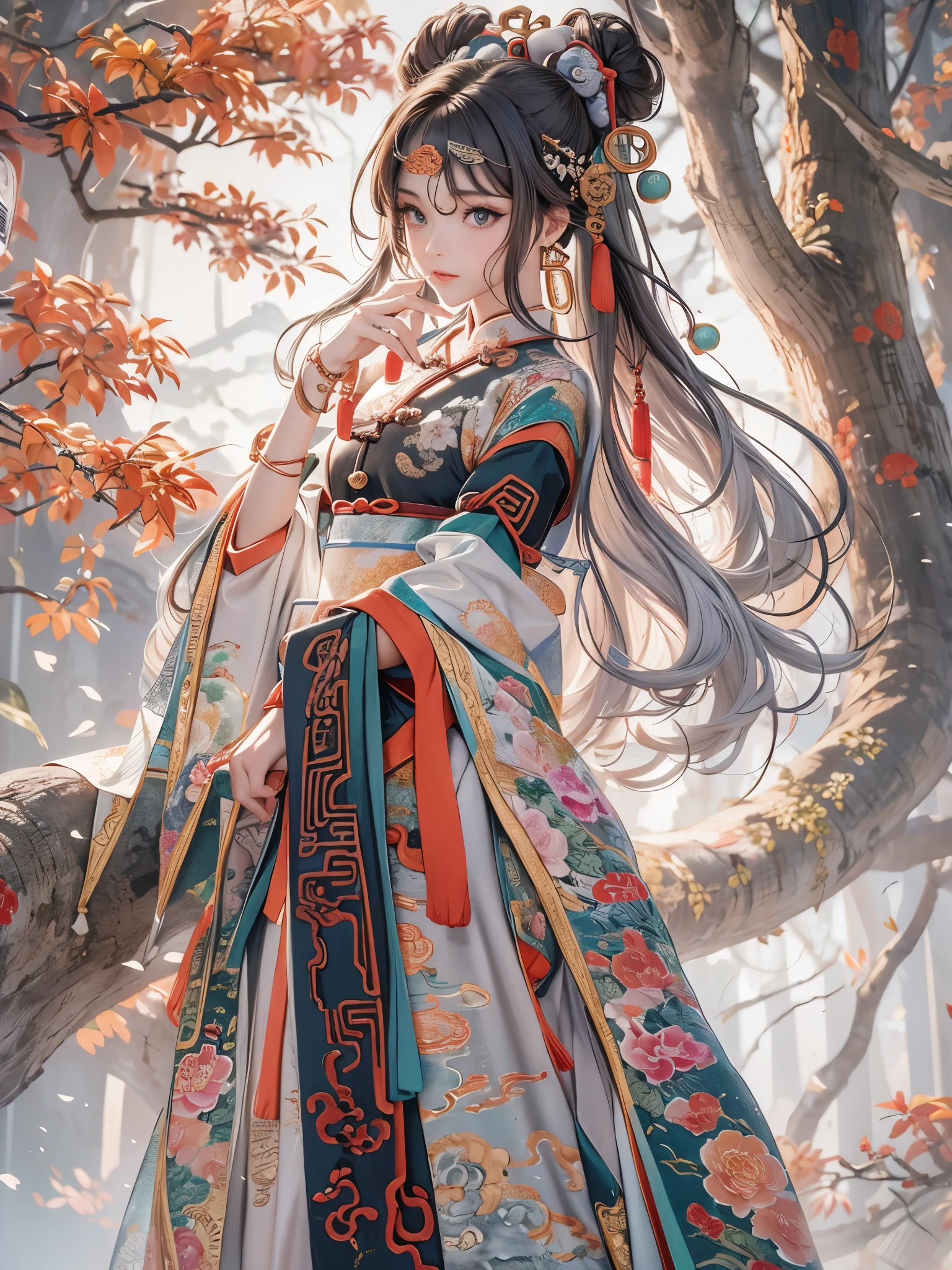 ((Highest quality)),(Ultra-high resolution),(Super detailed),(Detailed Description),((The best CG)),(masterpiece),Highly detailed art,(Art with precise detail:1.5), (Paintings inspired by ancient China:1.6), (Standing Woman:1.5, Beautiful and well-proportioned face:1.3, light makeup),(China dress:1.4, Embroidery inspired by nature:1.3), stream,breeze,Sunlight filtering through the trees