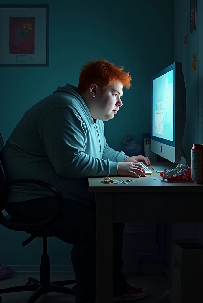 A chubby red head 20 year old locked up inside his dark room always on his conputer watchinf videos.