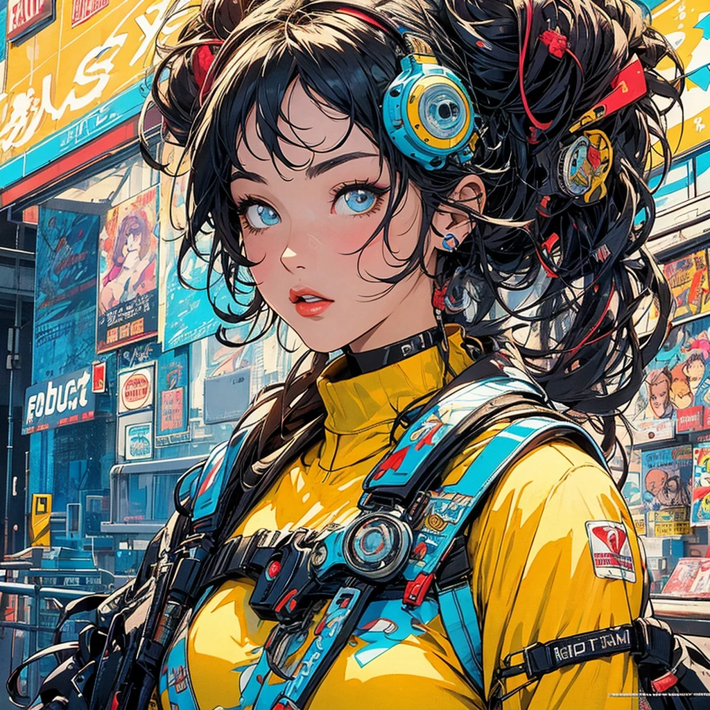 (masterpiece, highest quality), 32K,(highly detailed beautiful woman), poster,SF,1960s,1970s,bauhaus, shape, abstract,movie poster, vintage,retro,futuristic anime,ultimate map,highlight,highly detailed glowing eyes,cleavage,complicated pattern,Stylish hairstyle,fluorescence((yellow clothes)),Starry Sky,Cyberpunk street fashion,