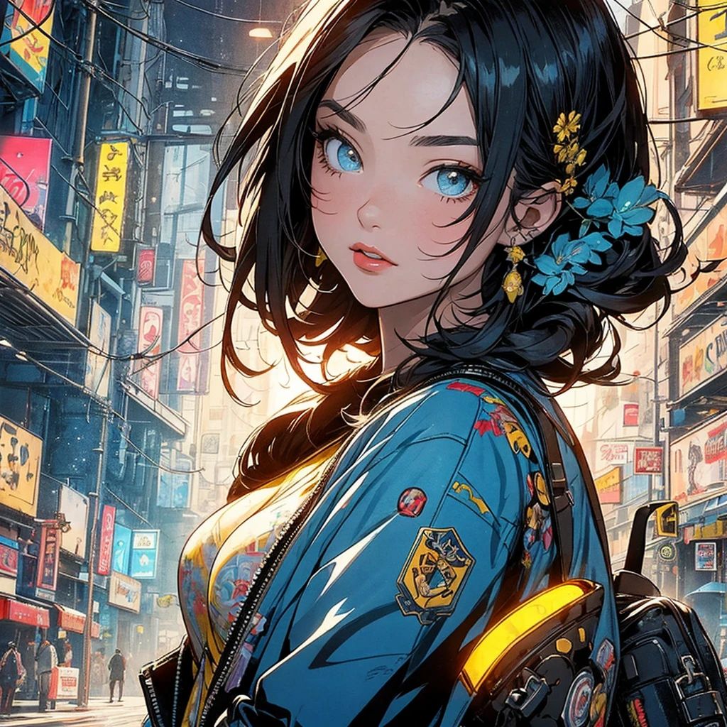 (masterpiece, highest quality), 32K,(highly detailed beautiful woman), poster,SF,1960s,1970s,bauhaus, shape, abstract,movie poster, vintage,retro,futuristic anime,ultimate map,highlight,highly detailed glowing eyes,cleavage,complicated pattern,Stylish hairstyle,fluorescence((yellow clothes)),Starry Sky,Cyberpunk street fashion,
