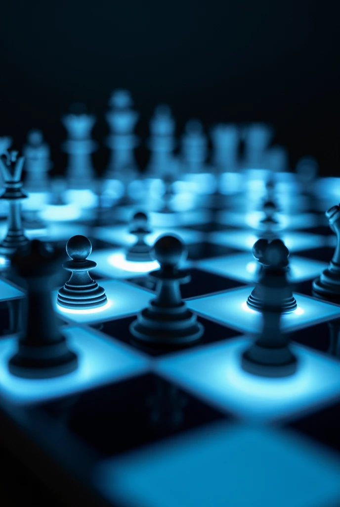 I want you to create a picture of a chessboard, only that when we touch a piece, it shows in detail using lights the spaces that this piece can go to. I want to use this photo to present in a paper, brings more sharpness to the image, and the parts can be more normal, I want LED balls where the piece can move