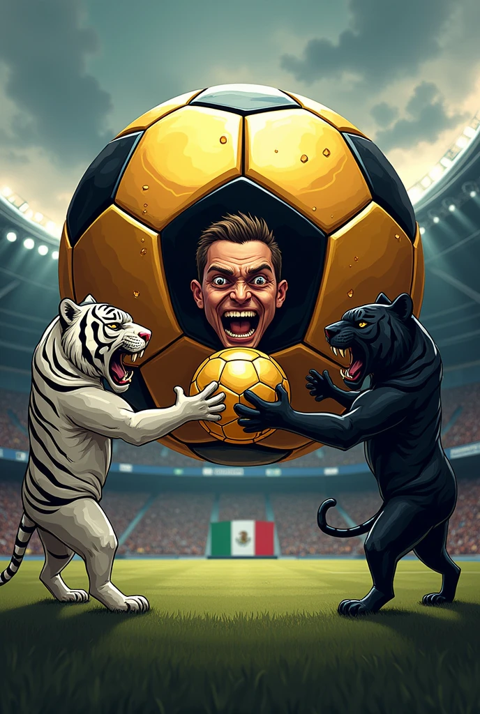 Logo of a gold plated soccer ball with a face inside the ball of a crazy animated schizophrenic holding the ball the fierce white Bengal tiger and the fierce black panther for goal schizophrenics with an impressive stadium background and the flag of Mexico