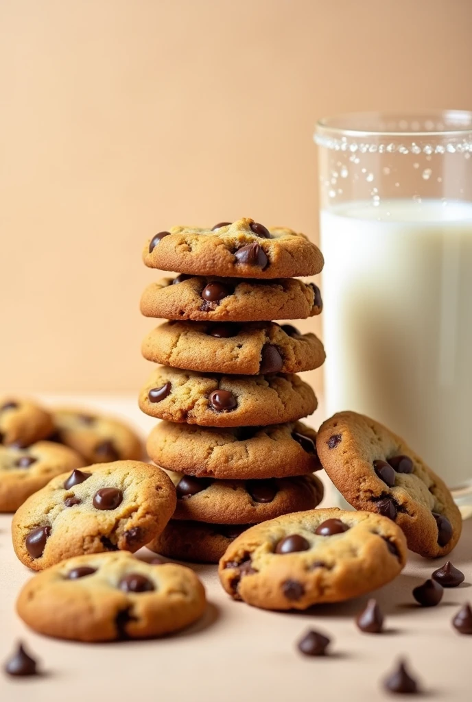 chubby chocolate chip cookies ,in a column, and some cookies around it, With more details, Characteristics, Crispy, golden brown, a glass of milk