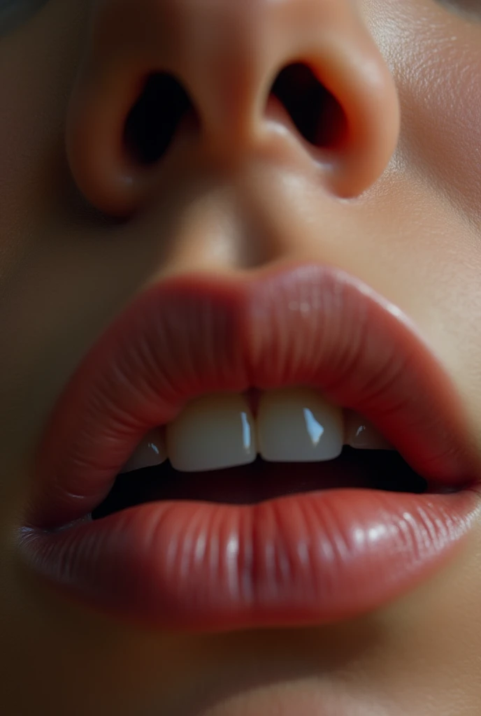 A woman about to give a kiss, seen on her lips from very close up 