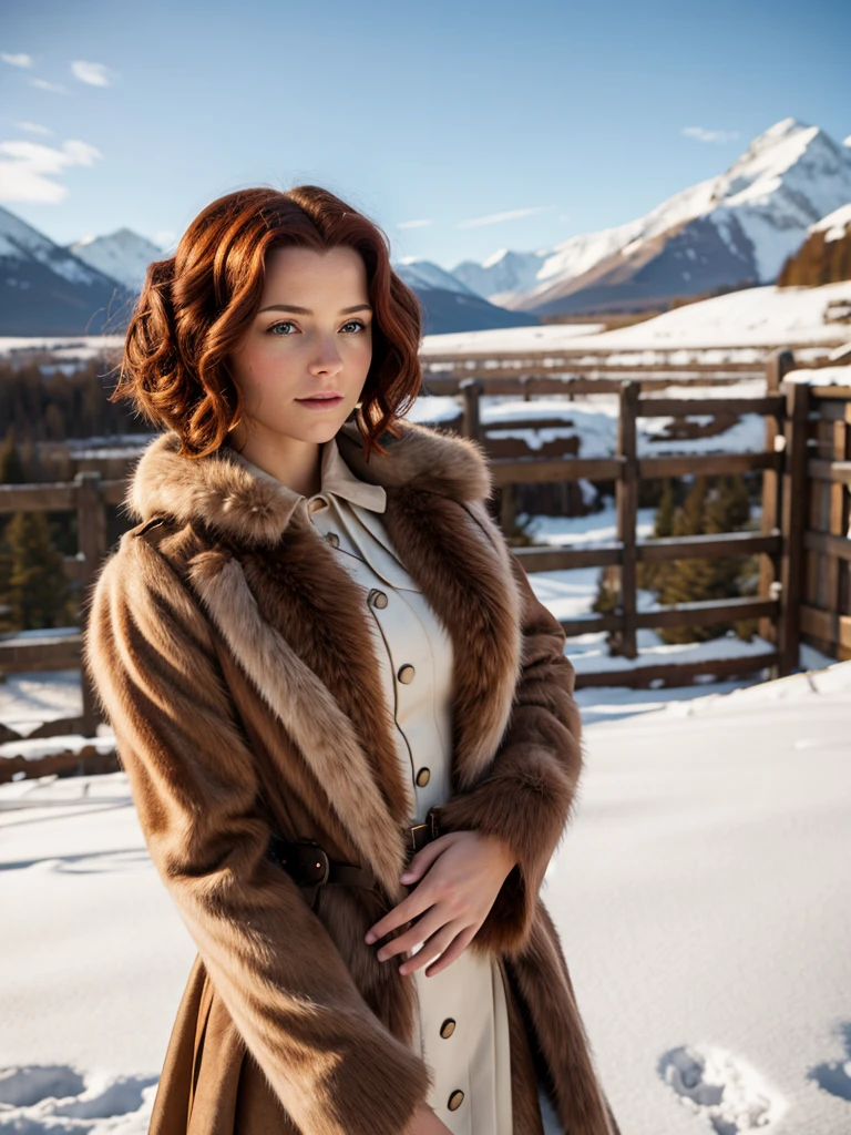 steampunk woman, short curly red hair, ivory fur coat, detailed face, early morning, snowy mountains, depth of field, blurry background, [[Sansa Stark]],[[Erin Heatherton]],[[Kate Beckinsale]]
