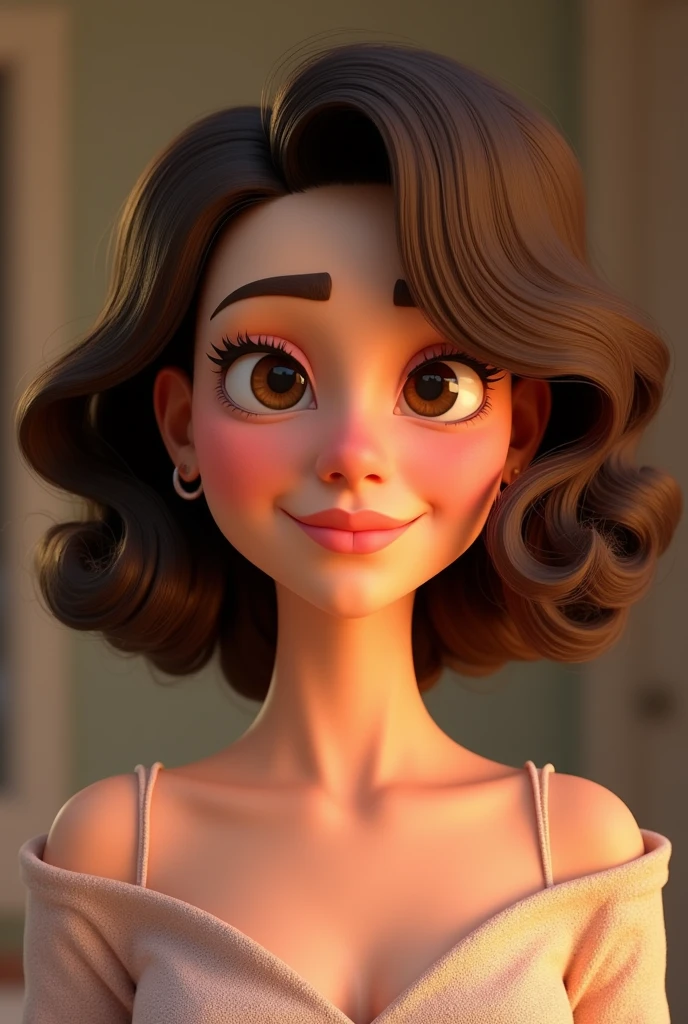 Brown fat woman curly hair to shoulder dark round eyes birthmark under mouth round face Pixar 3d curly hair 
