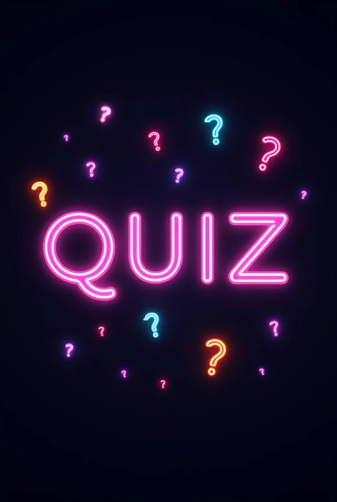 Create a profile picture for quiz, with the name quiz and the colors purple,cerulean,Pink,Amrela, and the black background with neon question mark designs and make the colors darker