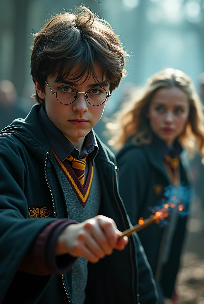 Create a sticker of a scene from the Harry Potter movie in high resolution with a blurred background, cinema image and hyperrealism.