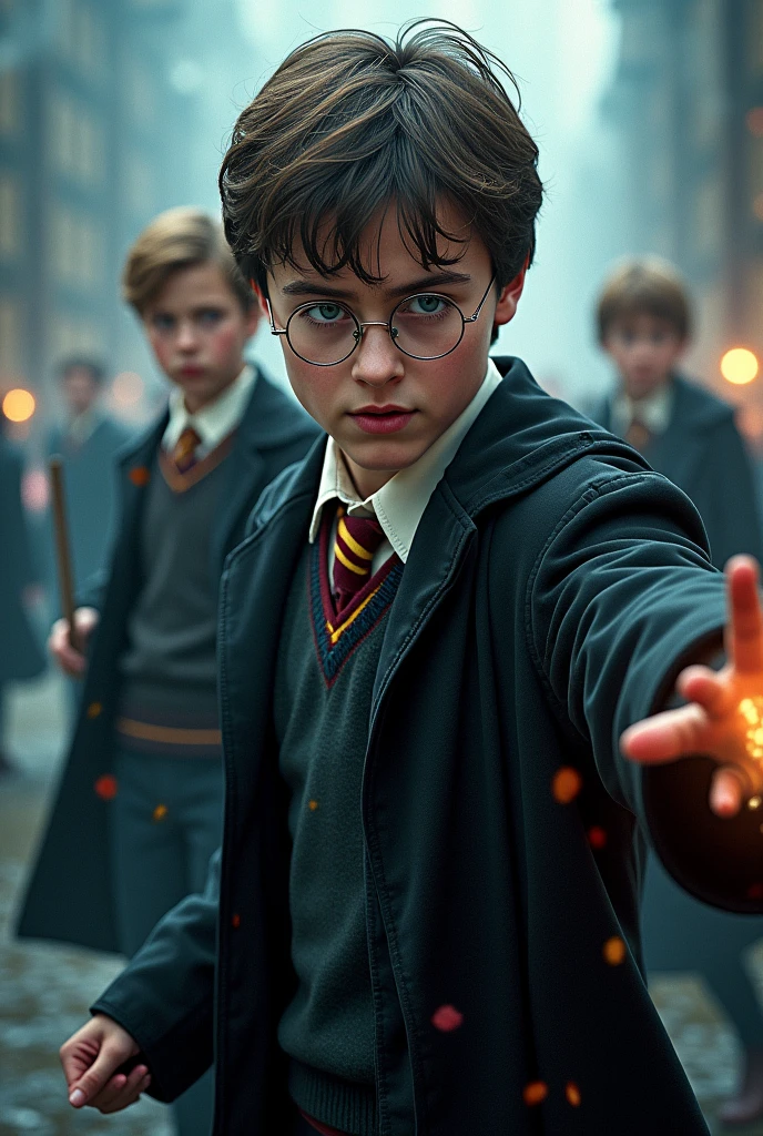 Create a sticker of a scene from the Harry Potter movie in high resolution with a blurred background, cinema image and hyperrealism.