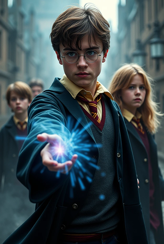 Create a sticker of a scene from the Harry Potter movie in high resolution with a blurred background, cinema image and hyperrealism.