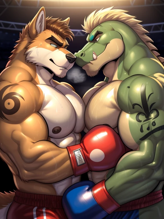 Duo male(Green Gator fighting Brown wolf), handsomes(handsome hairstyle, Thick eyebrows, detailed face), gay(Lying down, cuddling embraced, face to face, body with body), hot(Shirtless), handsomes(They are handsomes, correct anatomy), musculosos(Big muscle bodies, Six packs, muscle abs, big pecs), sweaty(very sweaty wet bodies, shiny sweat), tatuajes(they have tattoos), grumpy(Both have an grumpy expression, showing grumpy teeths, steaming breath), boxing gloves(They both are wearing boxing gloves), Hight resolution, by(Zourik:1.1)