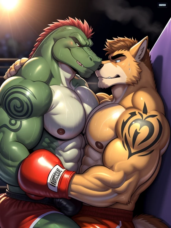 Duo male(Green Gator fighting Brown wolf), handsomes(handsome hairstyle, Thick eyebrows, detailed face), gay(Lying down, cuddling embraced, face to face, body with body), hot(Shirtless), handsomes(They are handsomes, correct anatomy), musculosos(Big muscle bodies, Six packs, muscle abs, big pecs), sweaty(very sweaty wet bodies, shiny sweat), tatuajes(they have tattoos), grumpy(Both have an grumpy expression, showing grumpy teeths, steaming breath), boxing gloves(They both are wearing boxing gloves), Hight resolution, by(Zourik:1.1)
